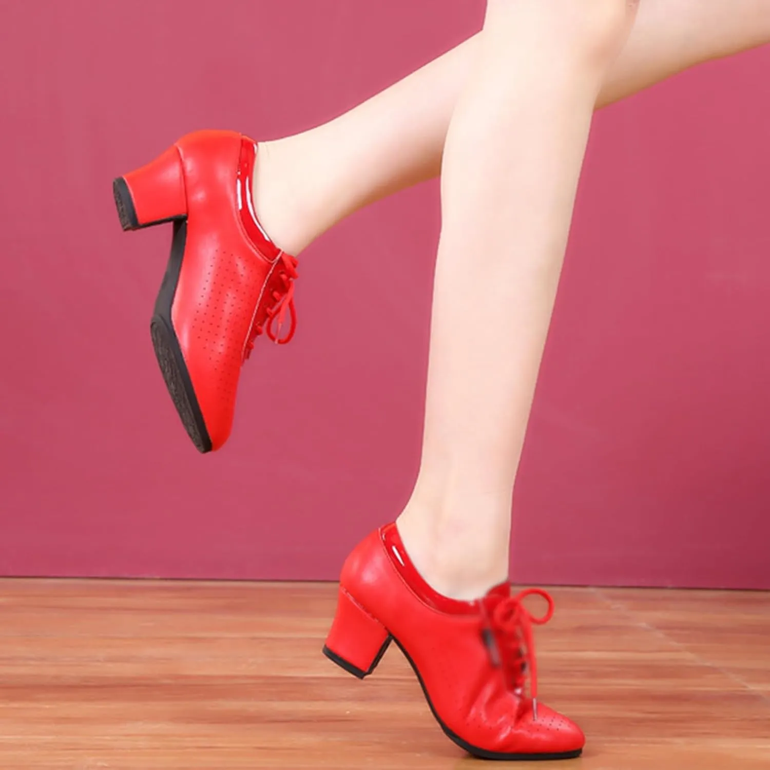 Women Latin Dance Shoes Leather Breathable Fashion Professional Performance Dance Shoes Rubber Sole Lace Up Ballroom Dance Pratice Shoes (Color : Red-5CM/1.96In, Size : 5.5)