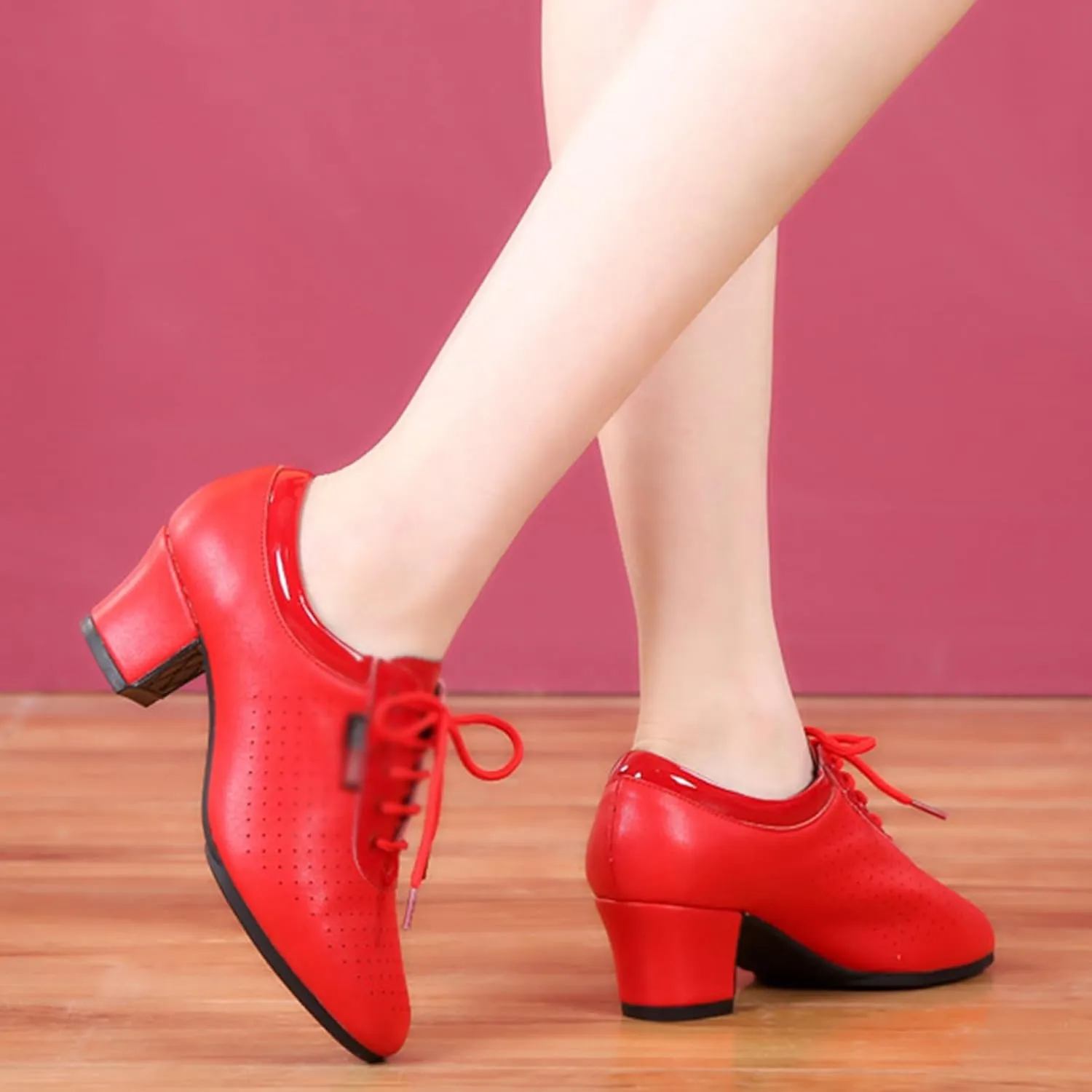 Women Latin Dance Shoes Leather Breathable Fashion Professional Performance Dance Shoes Rubber Sole Lace Up Ballroom Dance Pratice Shoes (Color : Red-5CM/1.96In, Size : 5.5)