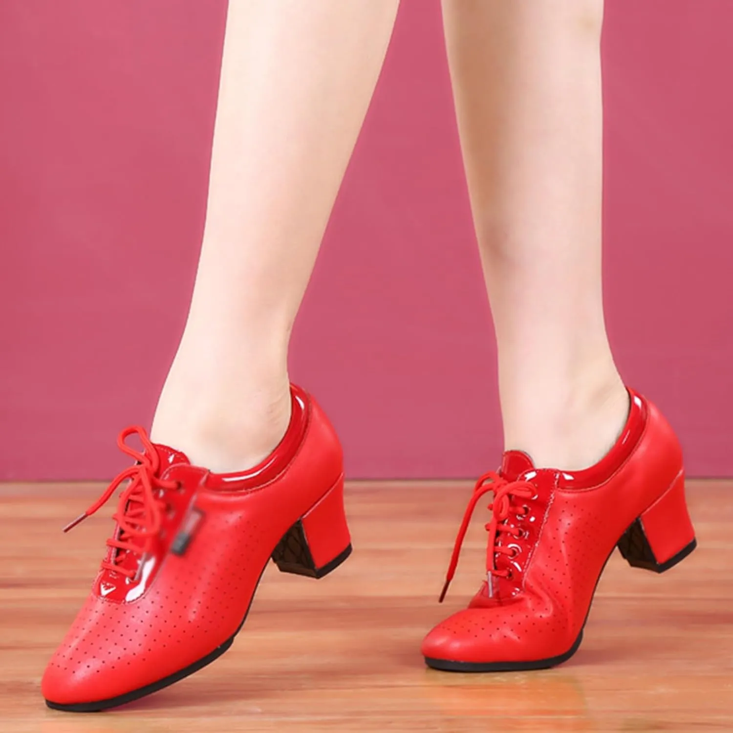 Women Latin Dance Shoes Leather Breathable Fashion Professional Performance Dance Shoes Rubber Sole Lace Up Ballroom Dance Pratice Shoes (Color : Red-5CM/1.96In, Size : 5.5)
