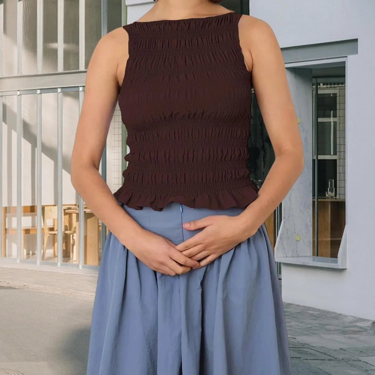Women Shirred Camisole Ruffle Sleeveless Tanks Frill Smocked Halter Cami Tops Summer Streetwear