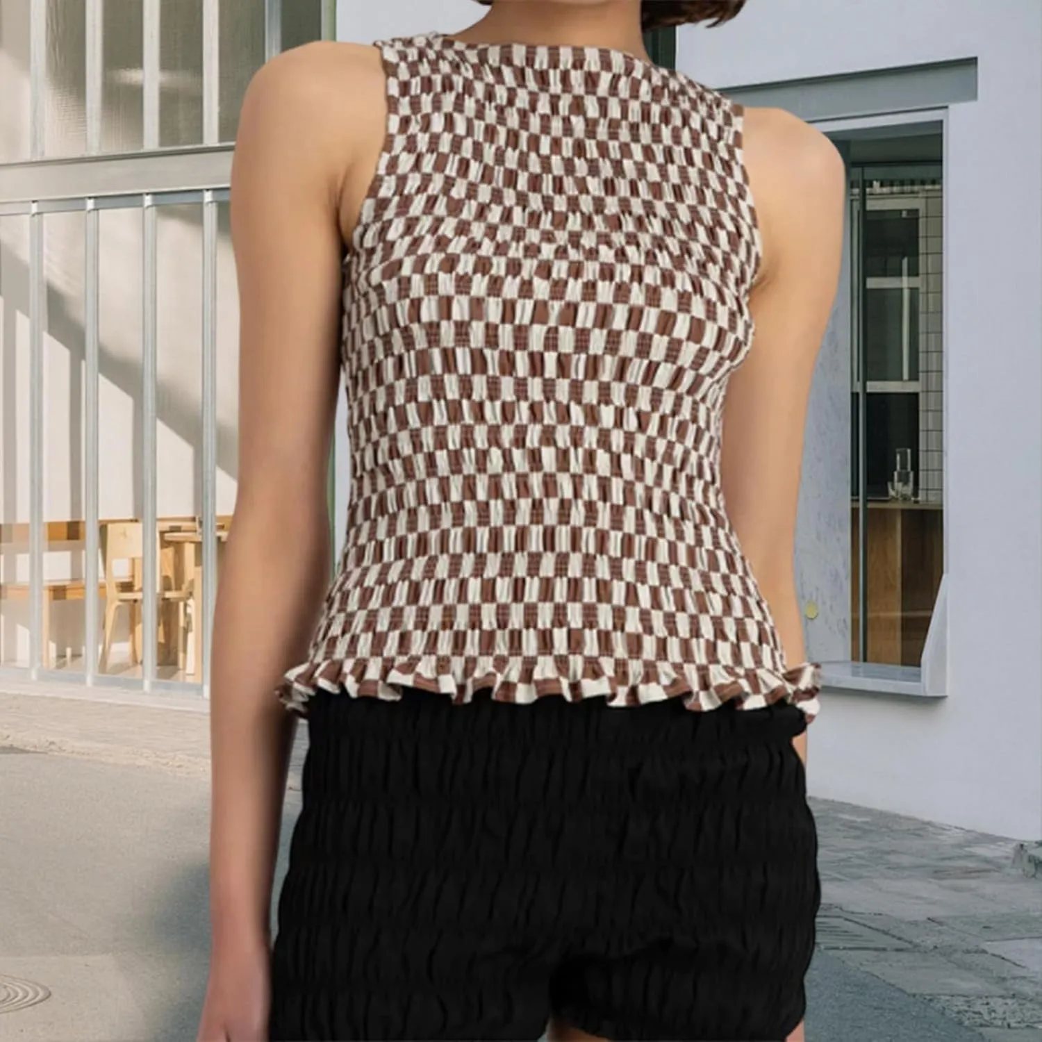 Women Shirred Camisole Ruffle Sleeveless Tanks Frill Smocked Halter Cami Tops Summer Streetwear