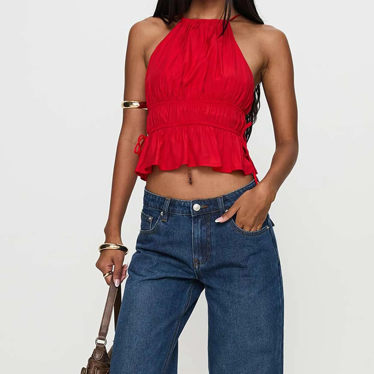 Women Shirred Camisole Ruffle Sleeveless Tanks Frill Smocked Halter Cami Tops Summer Streetwear
