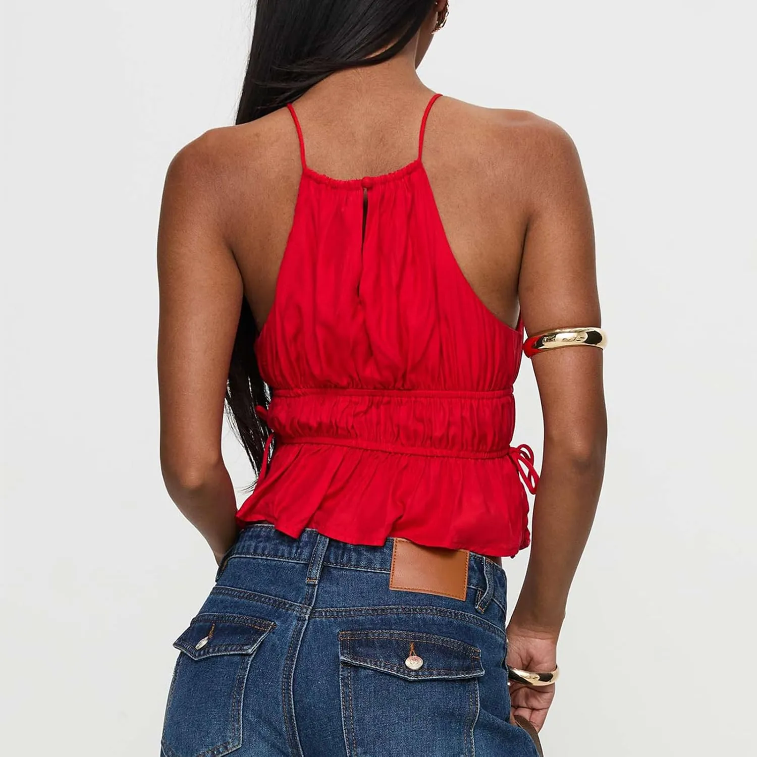 Women Shirred Camisole Ruffle Sleeveless Tanks Frill Smocked Halter Cami Tops Summer Streetwear