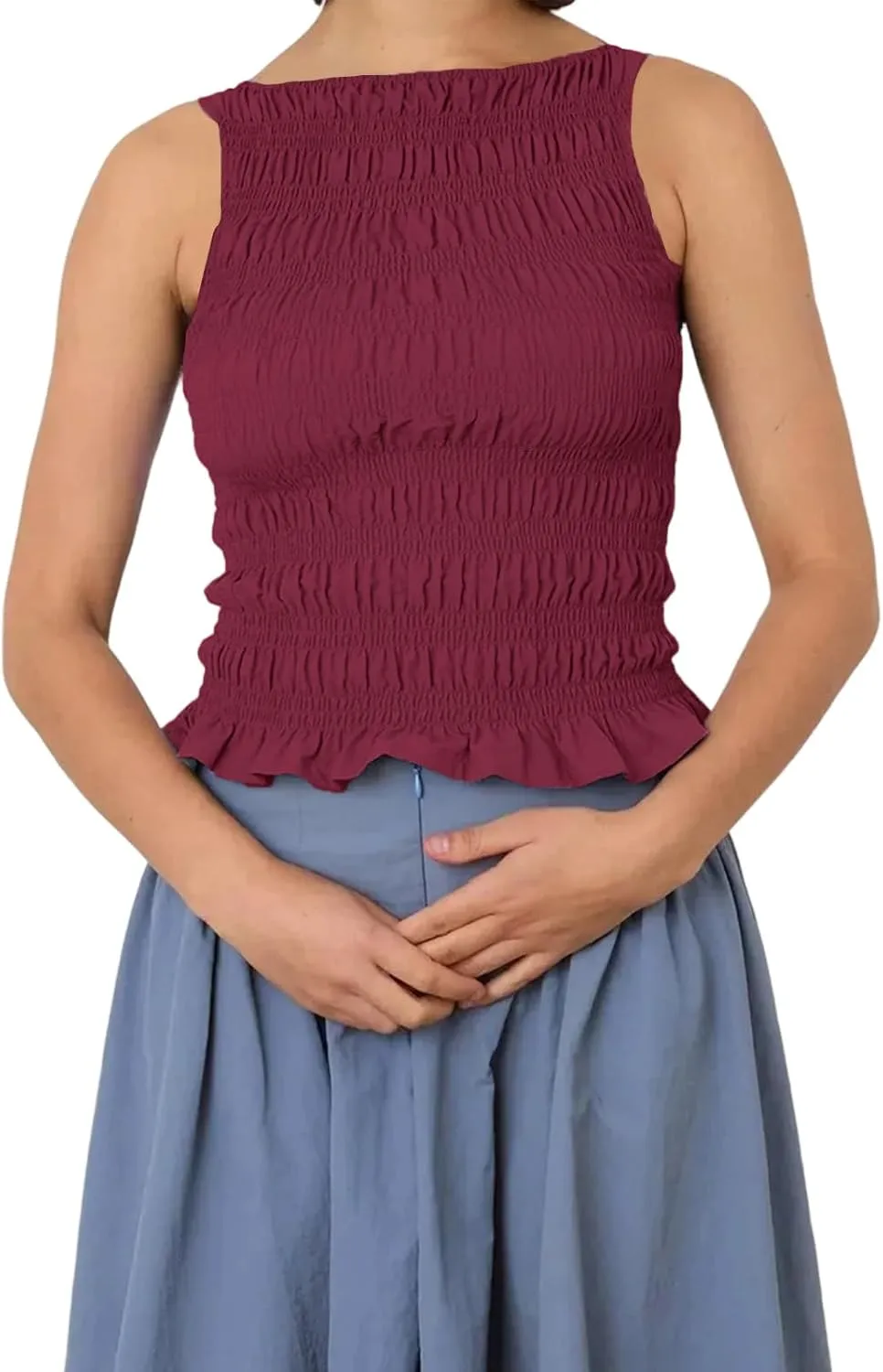 Women Shirred Camisole Ruffle Sleeveless Tanks Frill Smocked Halter Cami Tops Summer Streetwear