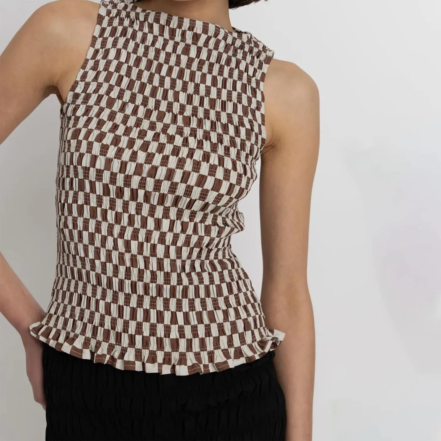 Women Shirred Camisole Ruffle Sleeveless Tanks Frill Smocked Halter Cami Tops Summer Streetwear