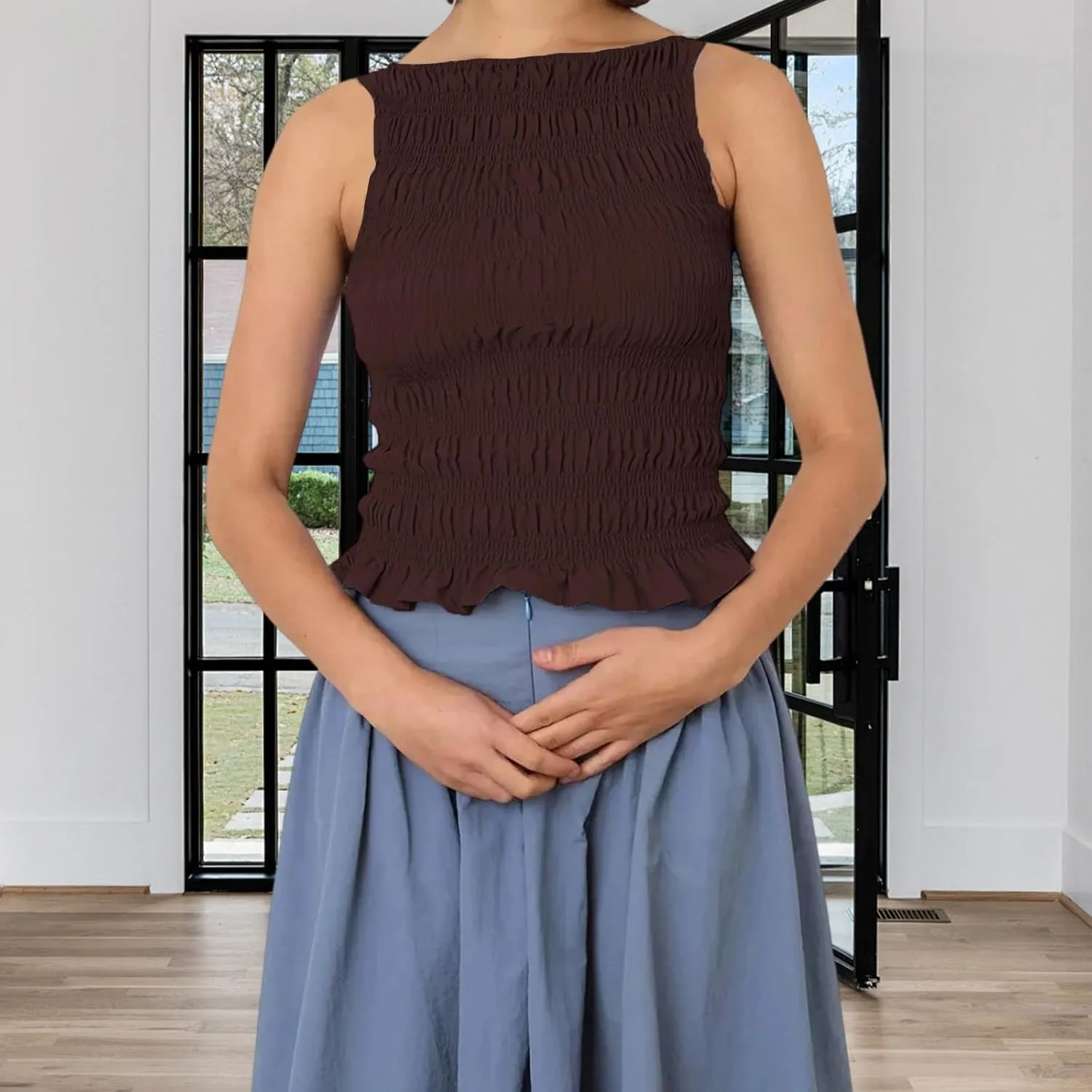 Women Shirred Camisole Ruffle Sleeveless Tanks Frill Smocked Halter Cami Tops Summer Streetwear