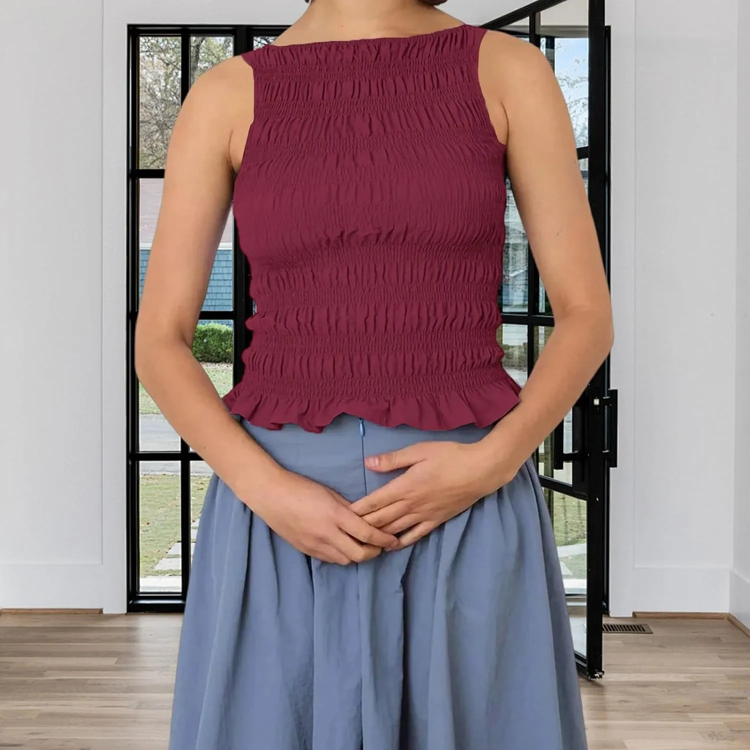 Women Shirred Camisole Ruffle Sleeveless Tanks Frill Smocked Halter Cami Tops Summer Streetwear