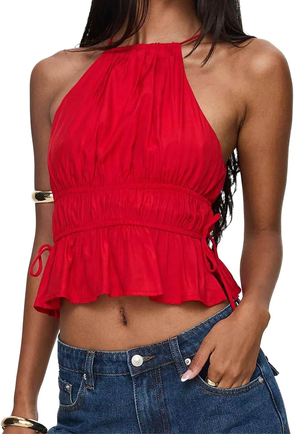 Women Shirred Camisole Ruffle Sleeveless Tanks Frill Smocked Halter Cami Tops Summer Streetwear