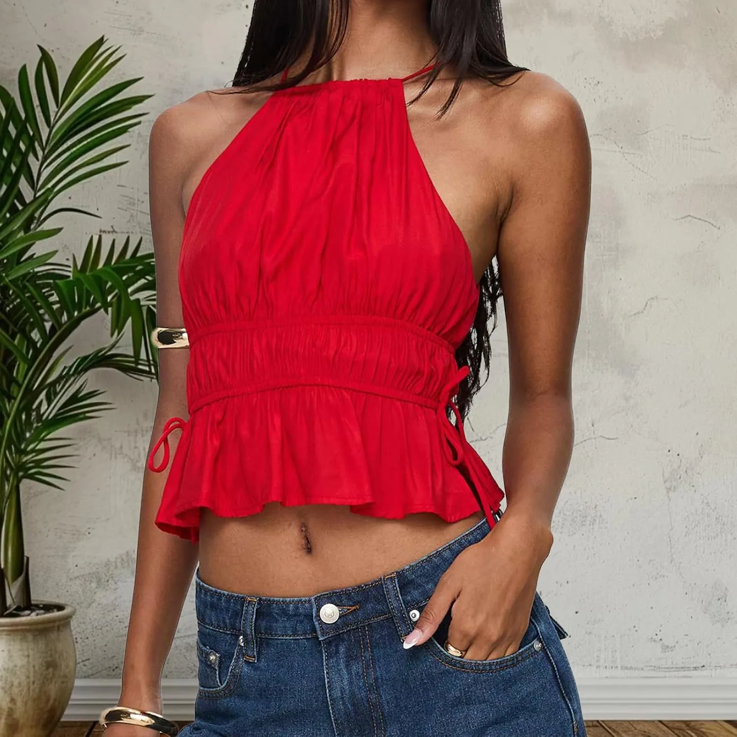 Women Shirred Camisole Ruffle Sleeveless Tanks Frill Smocked Halter Cami Tops Summer Streetwear