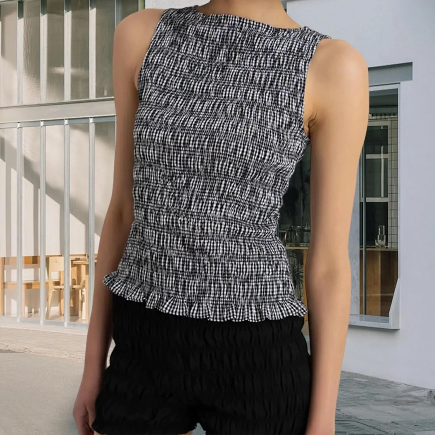 Women Shirred Camisole Ruffle Sleeveless Tanks Frill Smocked Halter Cami Tops Summer Streetwear