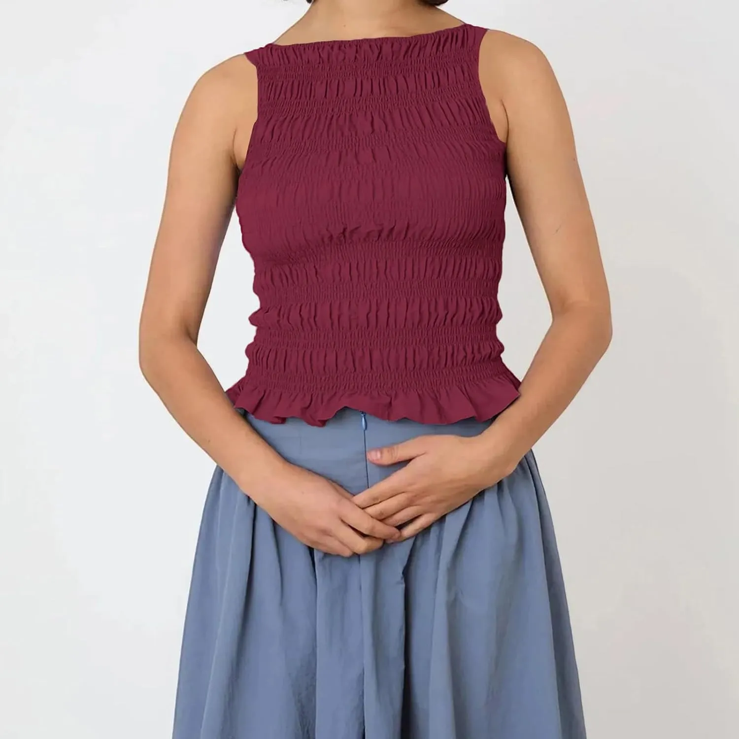 Women Shirred Camisole Ruffle Sleeveless Tanks Frill Smocked Halter Cami Tops Summer Streetwear