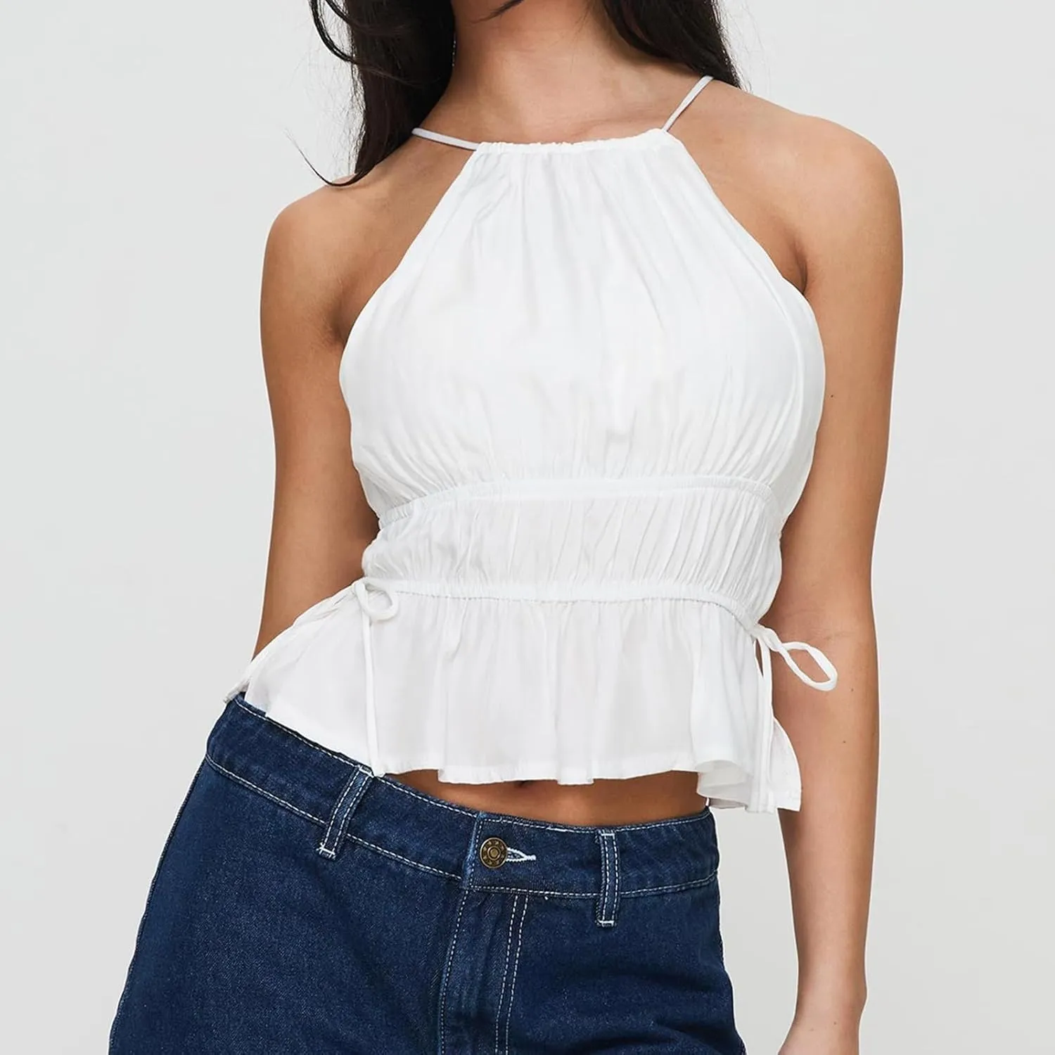 Women Shirred Camisole Ruffle Sleeveless Tanks Frill Smocked Halter Cami Tops Summer Streetwear