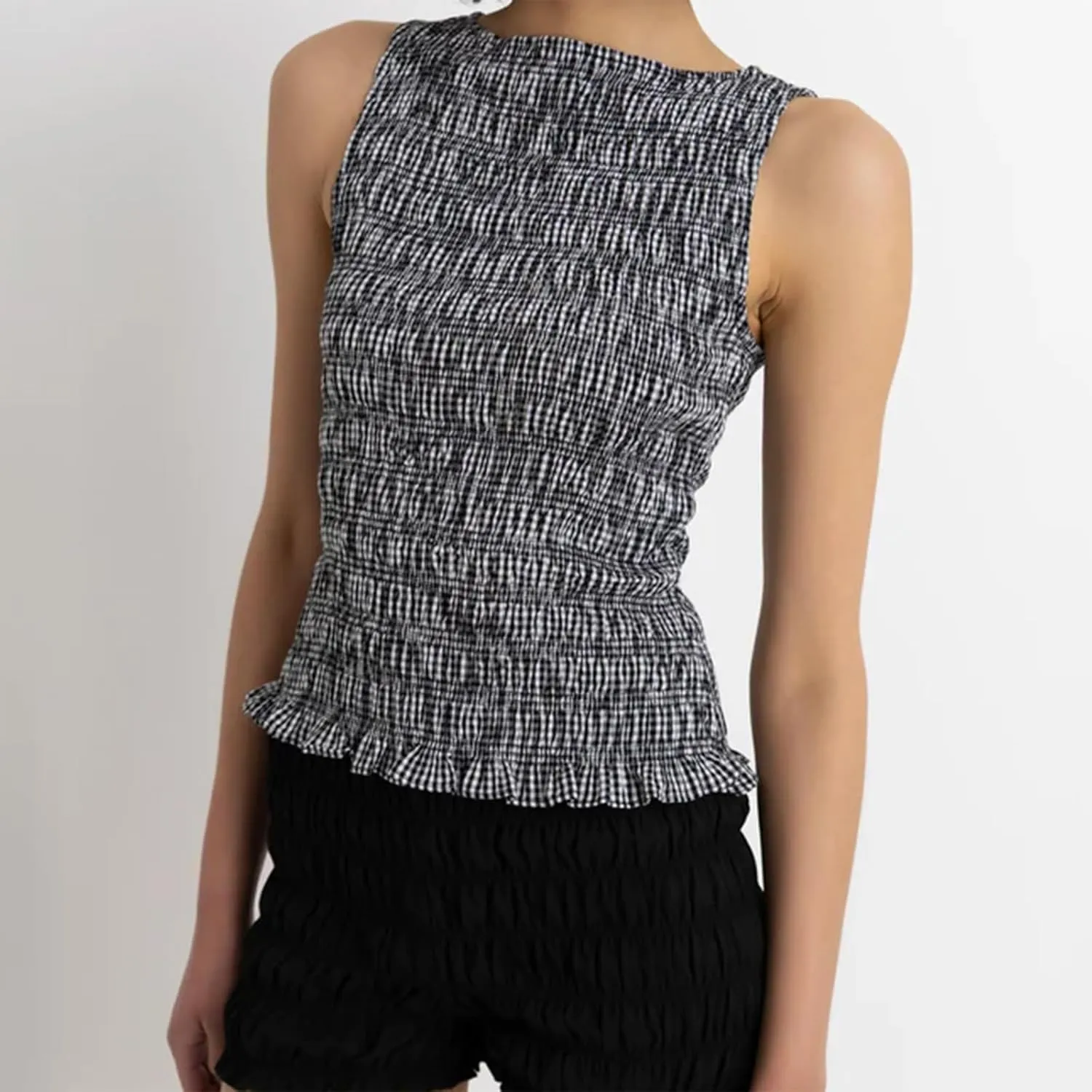 Women Shirred Camisole Ruffle Sleeveless Tanks Frill Smocked Halter Cami Tops Summer Streetwear