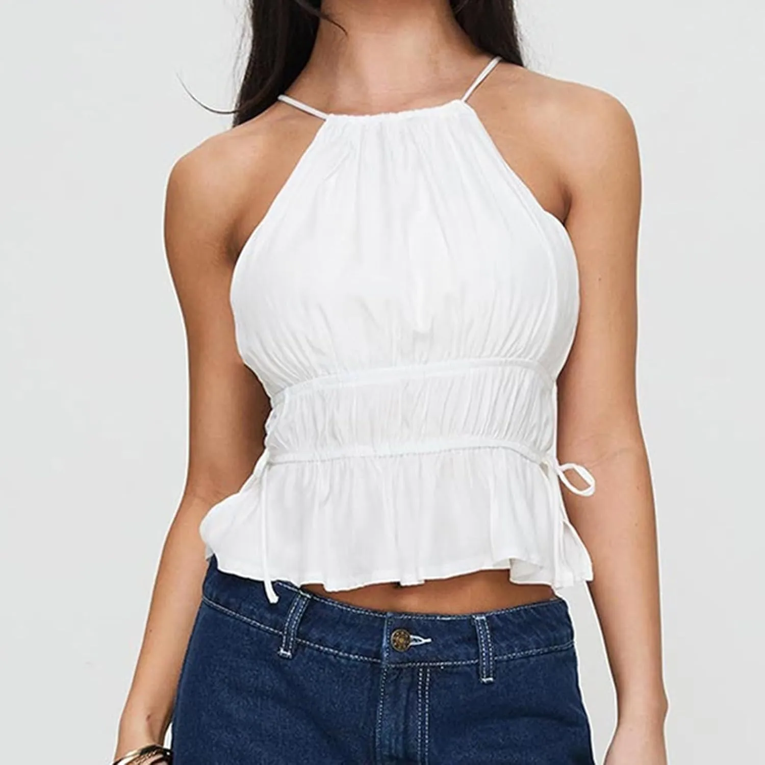 Women Shirred Camisole Ruffle Sleeveless Tanks Frill Smocked Halter Cami Tops Summer Streetwear