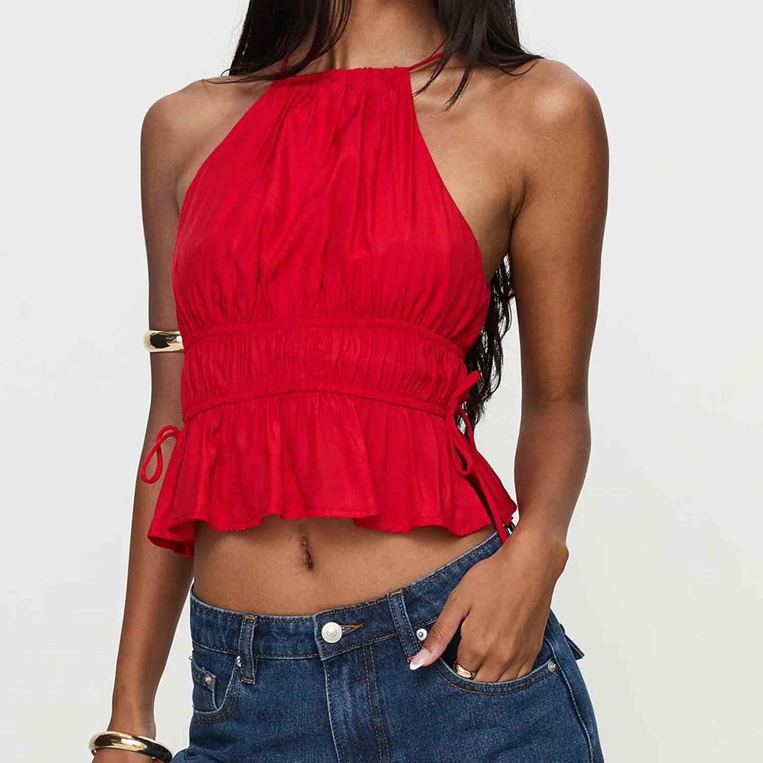 Women Shirred Camisole Ruffle Sleeveless Tanks Frill Smocked Halter Cami Tops Summer Streetwear
