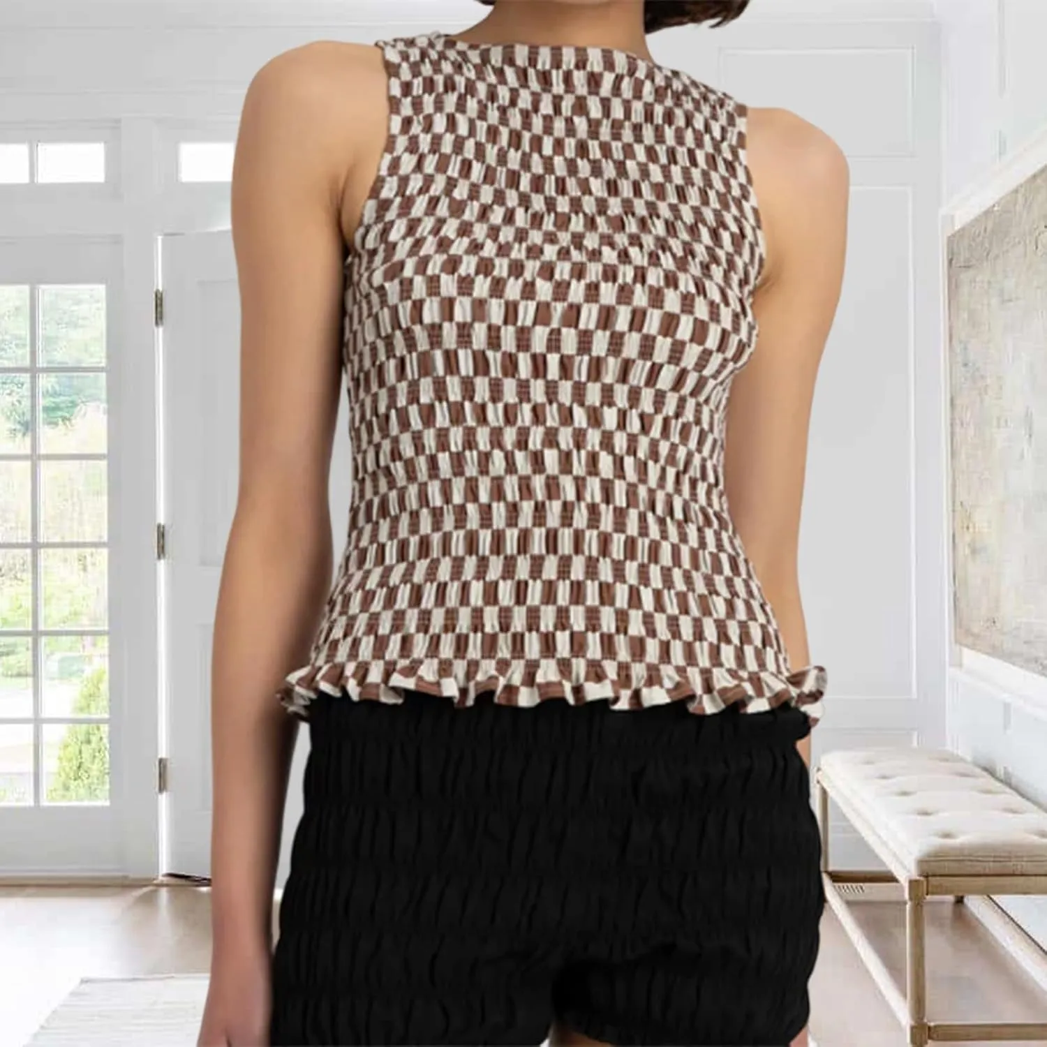 Women Shirred Camisole Ruffle Sleeveless Tanks Frill Smocked Halter Cami Tops Summer Streetwear