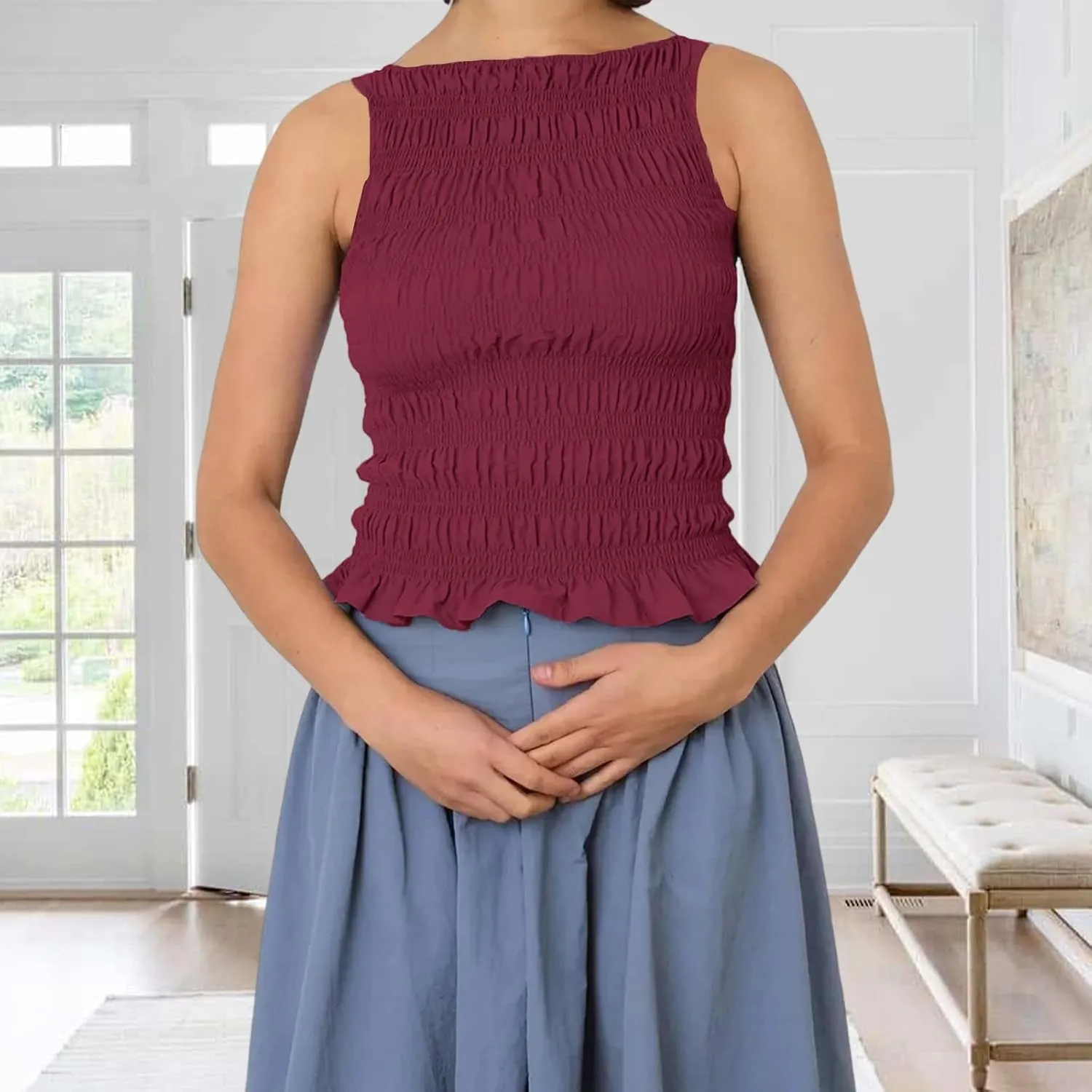 Women Shirred Camisole Ruffle Sleeveless Tanks Frill Smocked Halter Cami Tops Summer Streetwear