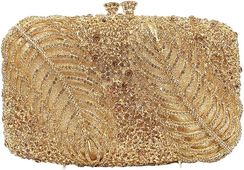 Women Temperament Crystal Evening Bag Bling Leaves Clutch Purse Vintage Elegant Handbag for Dinner Night Out