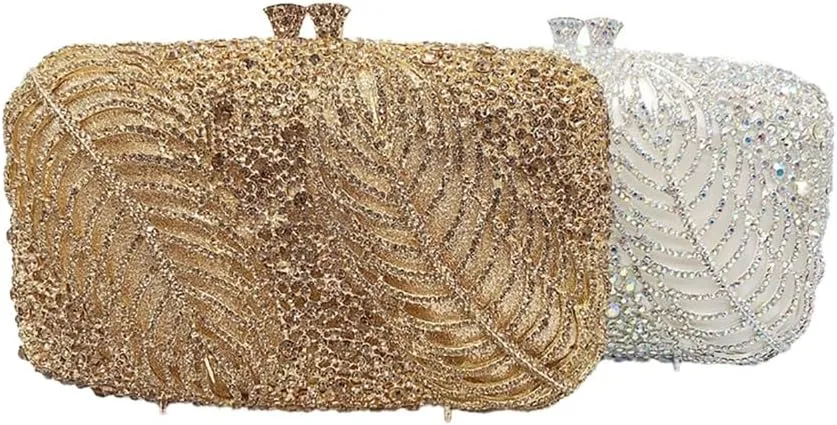 Women Temperament Crystal Evening Bag Bling Leaves Clutch Purse Vintage Elegant Handbag for Dinner Night Out