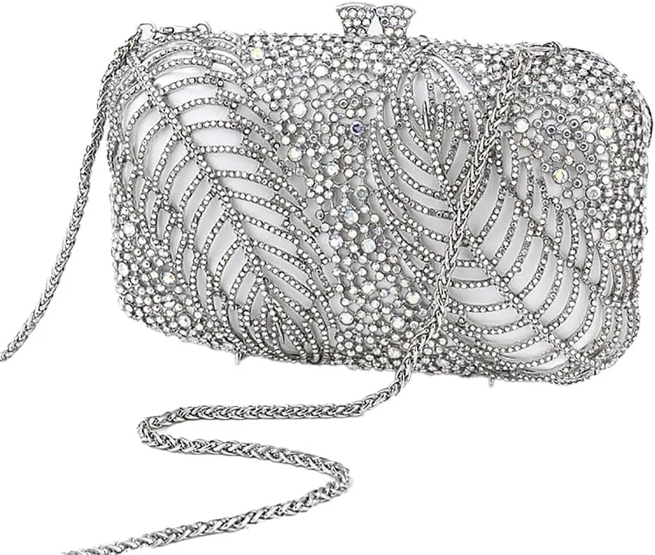 Women Temperament Crystal Evening Bag Bling Leaves Clutch Purse Vintage Elegant Handbag for Dinner Night Out