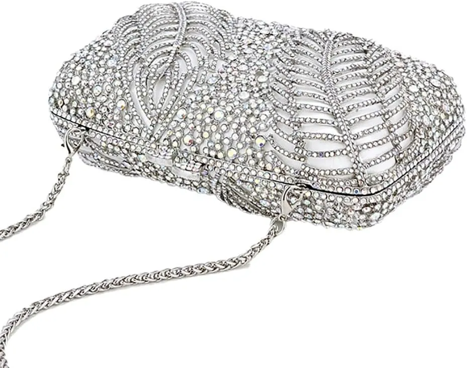 Women Temperament Crystal Evening Bag Bling Leaves Clutch Purse Vintage Elegant Handbag for Dinner Night Out