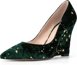 Women Vintage Suede Vegan Leather Wedge High Heel Shoes Pointed Toe Star Pattern Slip on Dress Shoes