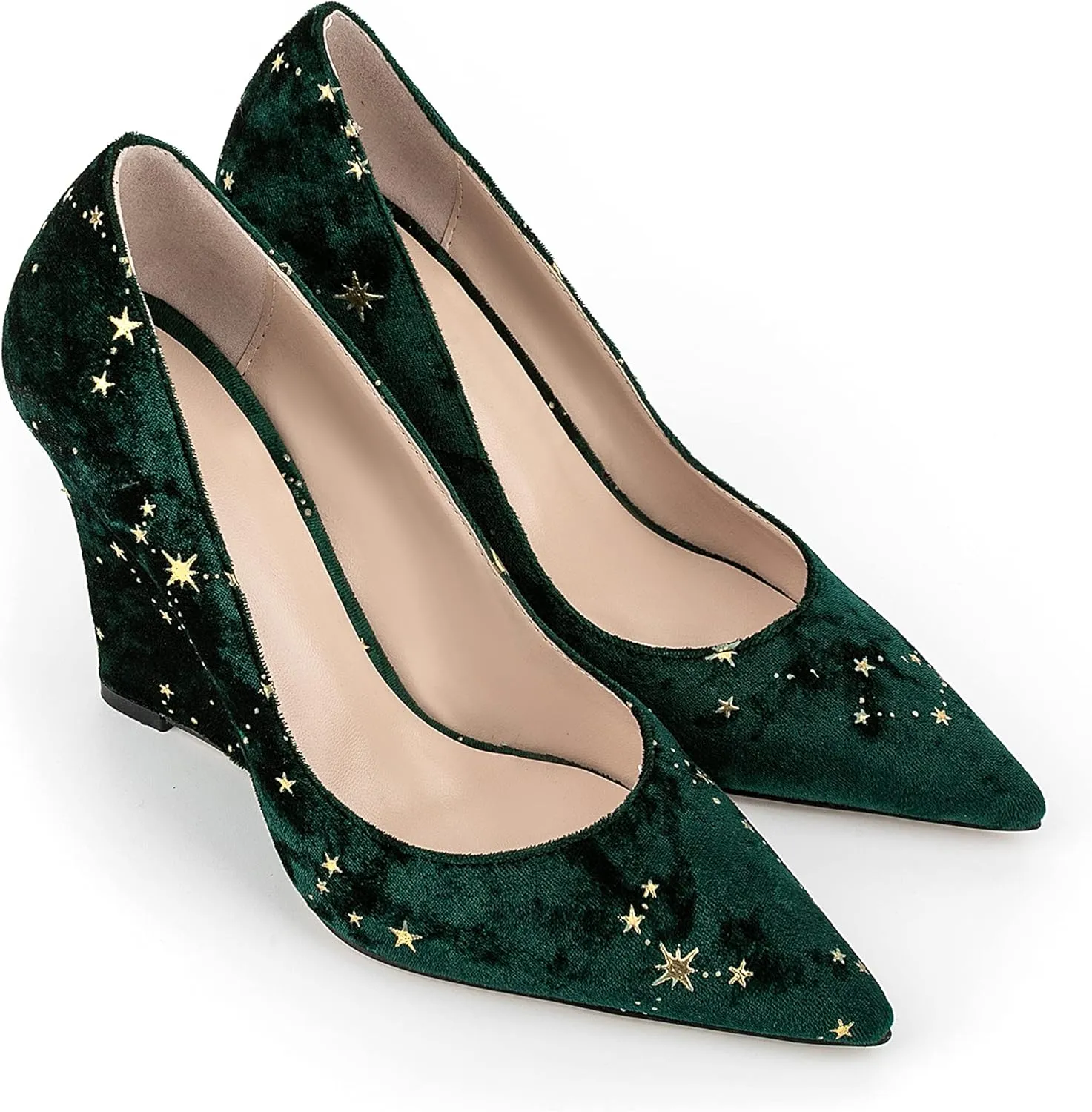 Women Vintage Suede Vegan Leather Wedge High Heel Shoes Pointed Toe Star Pattern Slip on Dress Shoes