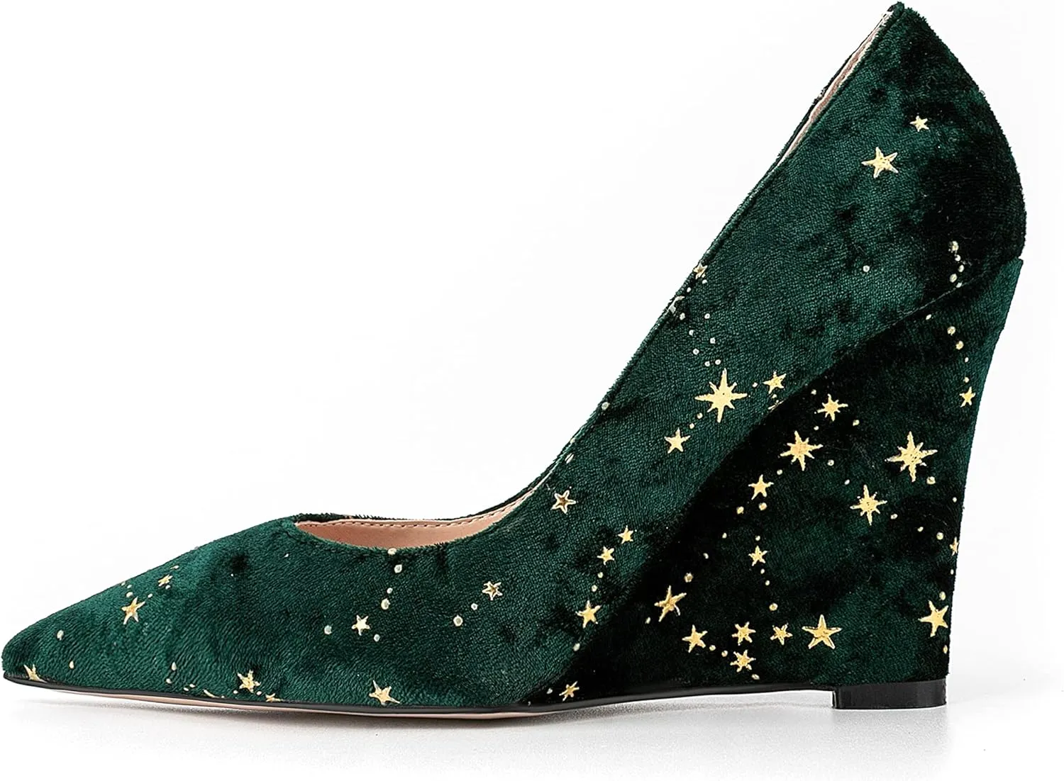 Women Vintage Suede Vegan Leather Wedge High Heel Shoes Pointed Toe Star Pattern Slip on Dress Shoes