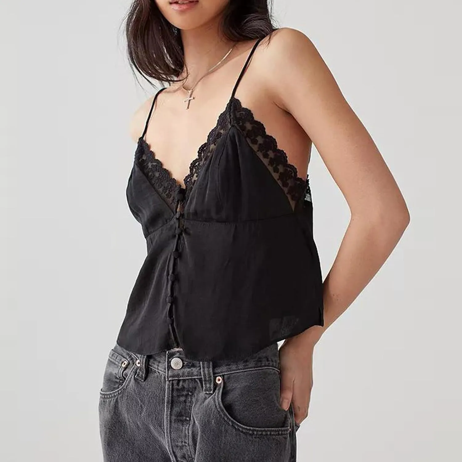 Women Y2k Tie Front Crop Tops Spaghetti Strap Square Neck Babydoll Camisole Summer Smocked Ruffle Tank Tops