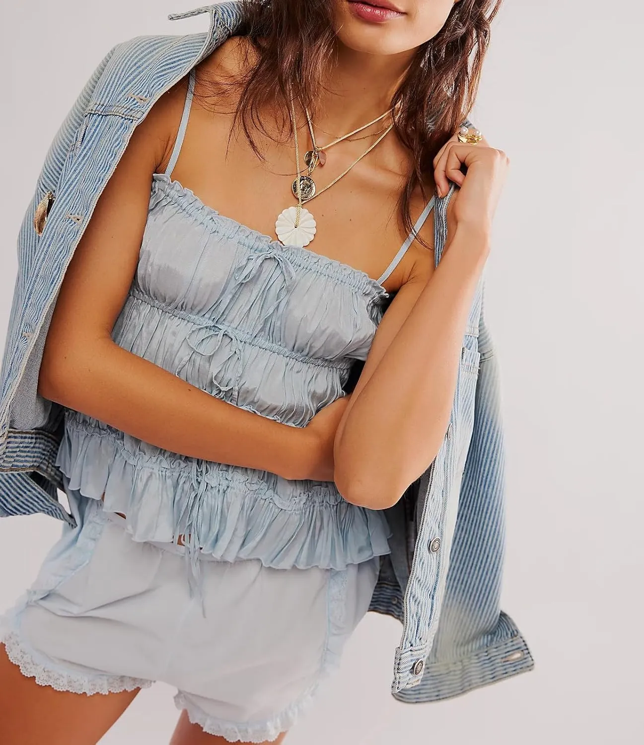 Women Y2k Tie Front Crop Tops Spaghetti Strap Square Neck Babydoll Camisole Summer Smocked Ruffle Tank Tops