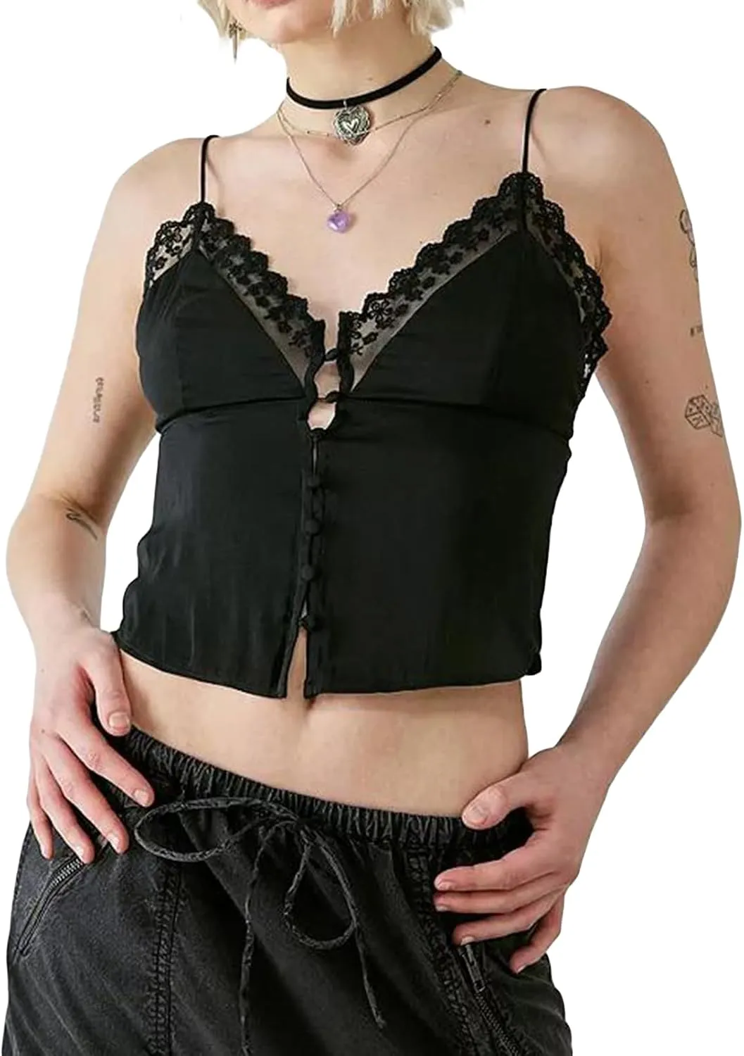 Women Y2k Tie Front Crop Tops Spaghetti Strap Square Neck Babydoll Camisole Summer Smocked Ruffle Tank Tops