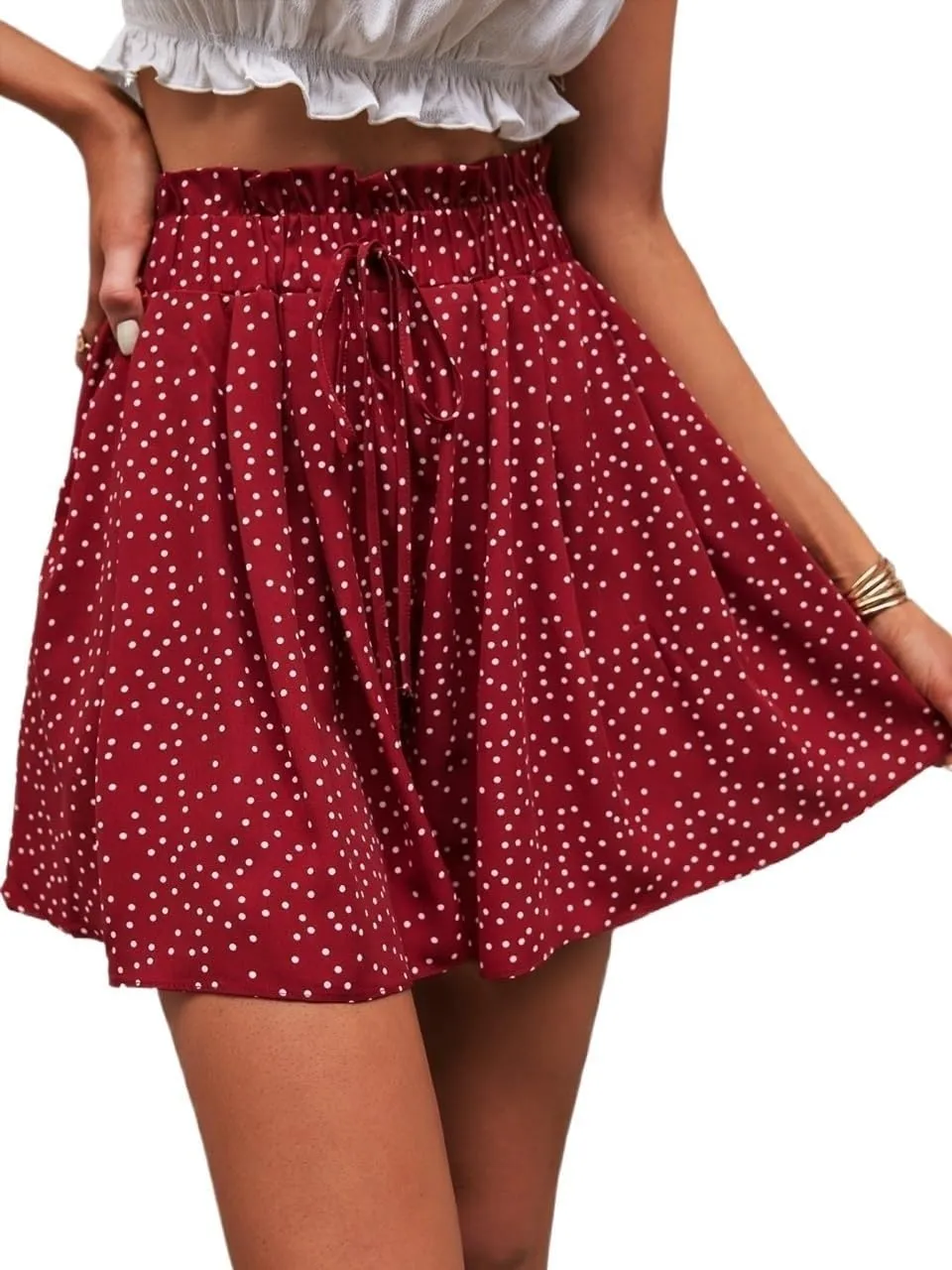 Women's 2024 Summer Casual Mini Skorts Dot Paper Bag Waist Knot Front Shorts