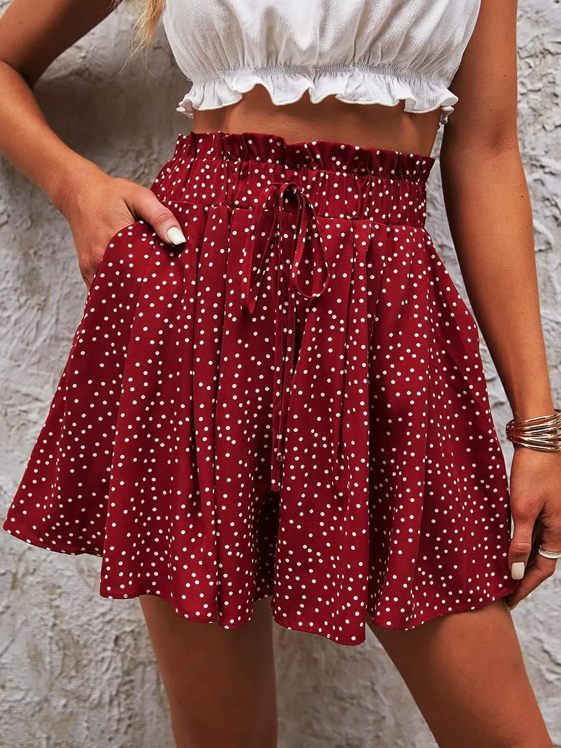 Women's 2024 Summer Casual Mini Skorts Dot Paper Bag Waist Knot Front Shorts