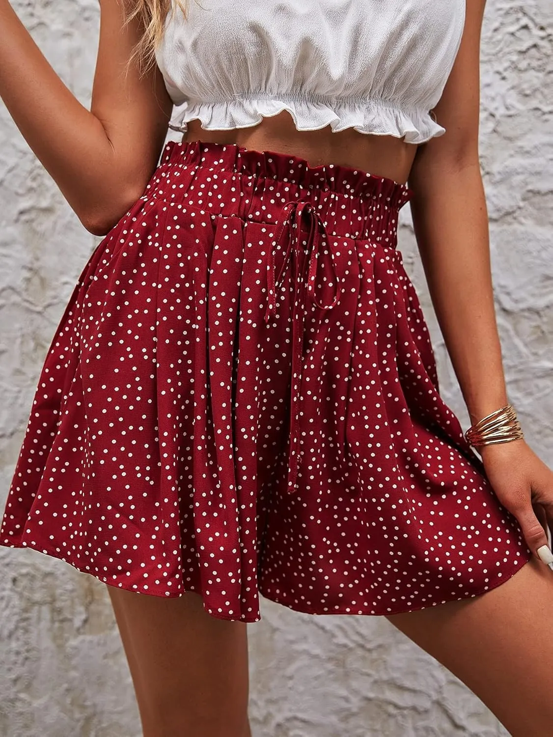 Women's 2024 Summer Casual Mini Skorts Dot Paper Bag Waist Knot Front Shorts