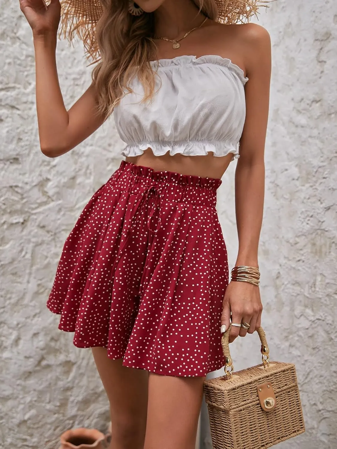 Women's 2024 Summer Casual Mini Skorts Dot Paper Bag Waist Knot Front Shorts