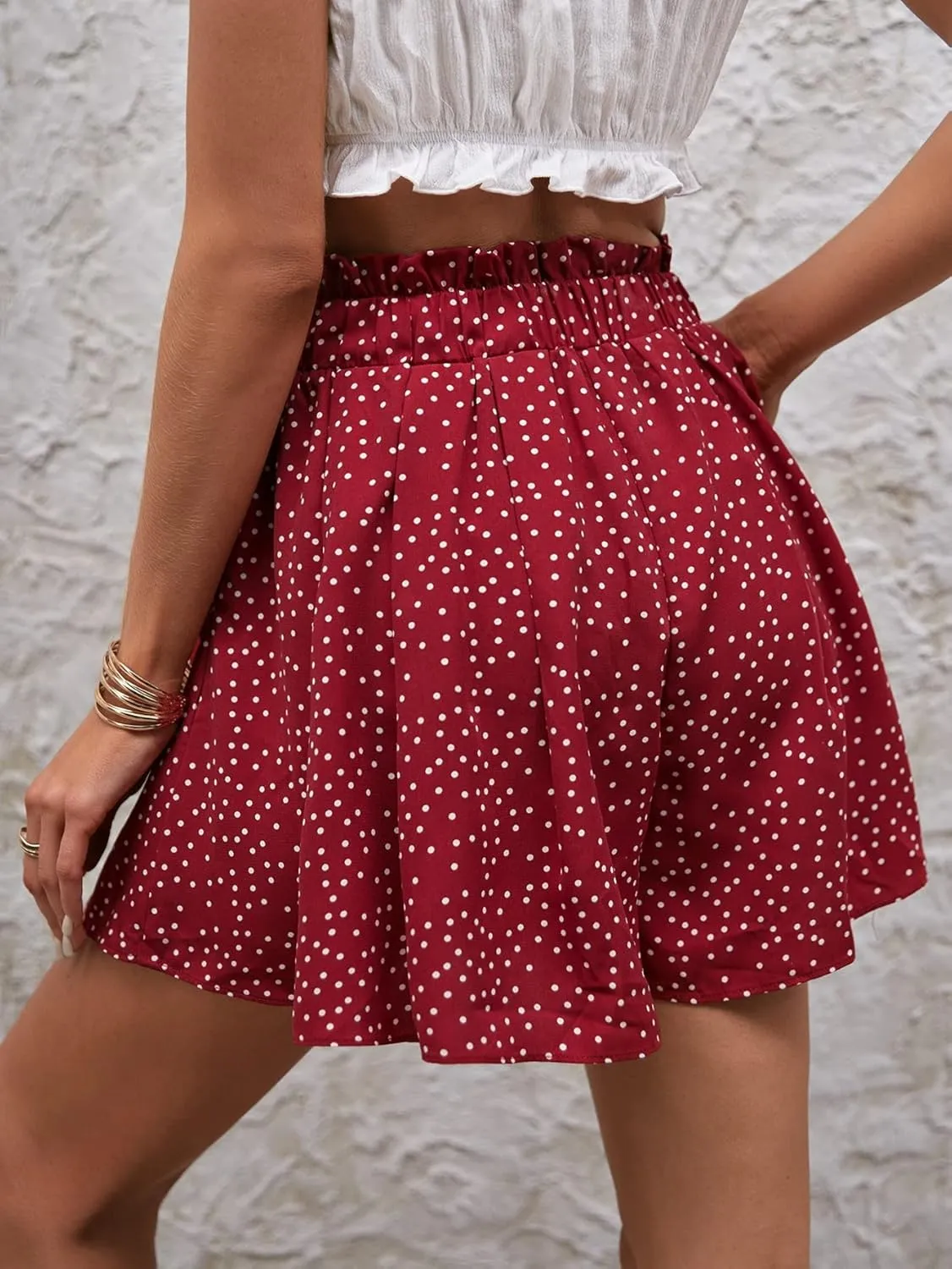 Women's 2024 Summer Casual Mini Skorts Dot Paper Bag Waist Knot Front Shorts