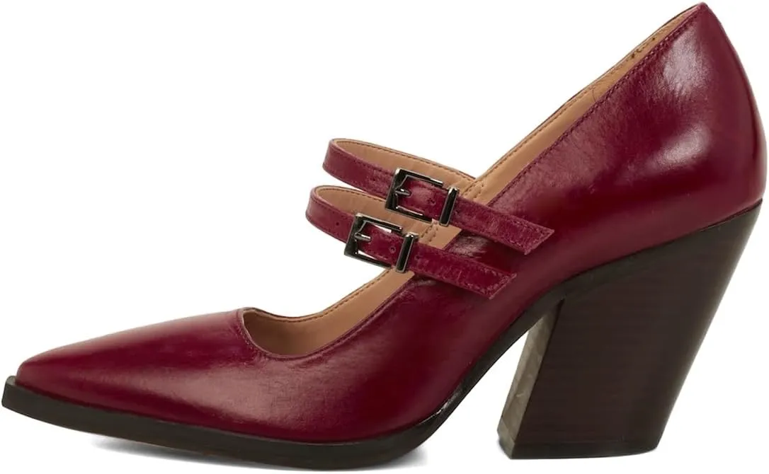 Womens Ankle Strap Pumps Chunky Mid Mary Jane Pointed Toe Buckle Shoes Working Party Prom Size 4-16 US