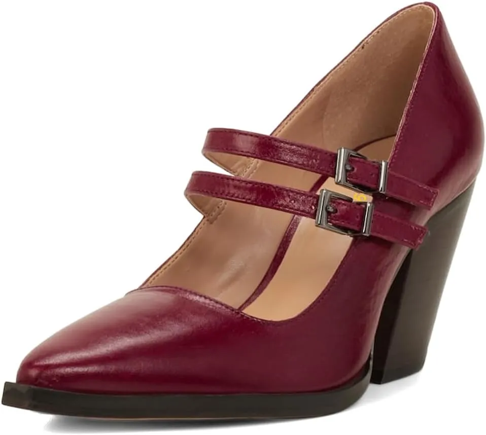 Womens Ankle Strap Pumps Chunky Mid Mary Jane Pointed Toe Buckle Shoes Working Party Prom Size 4-16 US
