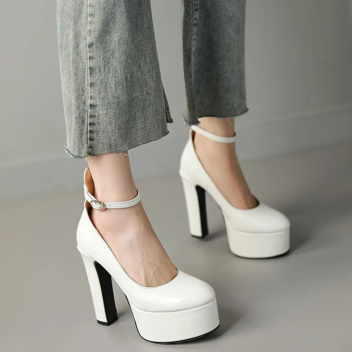 Womens Ankle Strap Thick Heel Platform Pumps Round Toe Block Heels Prom Pumps Buckles Flatform Dress Shoes