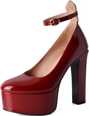 Womens Ankle Strap Thick Heel Platform Pumps Round Toe Block Heels Prom Pumps Buckles Flatform Dress Shoes
