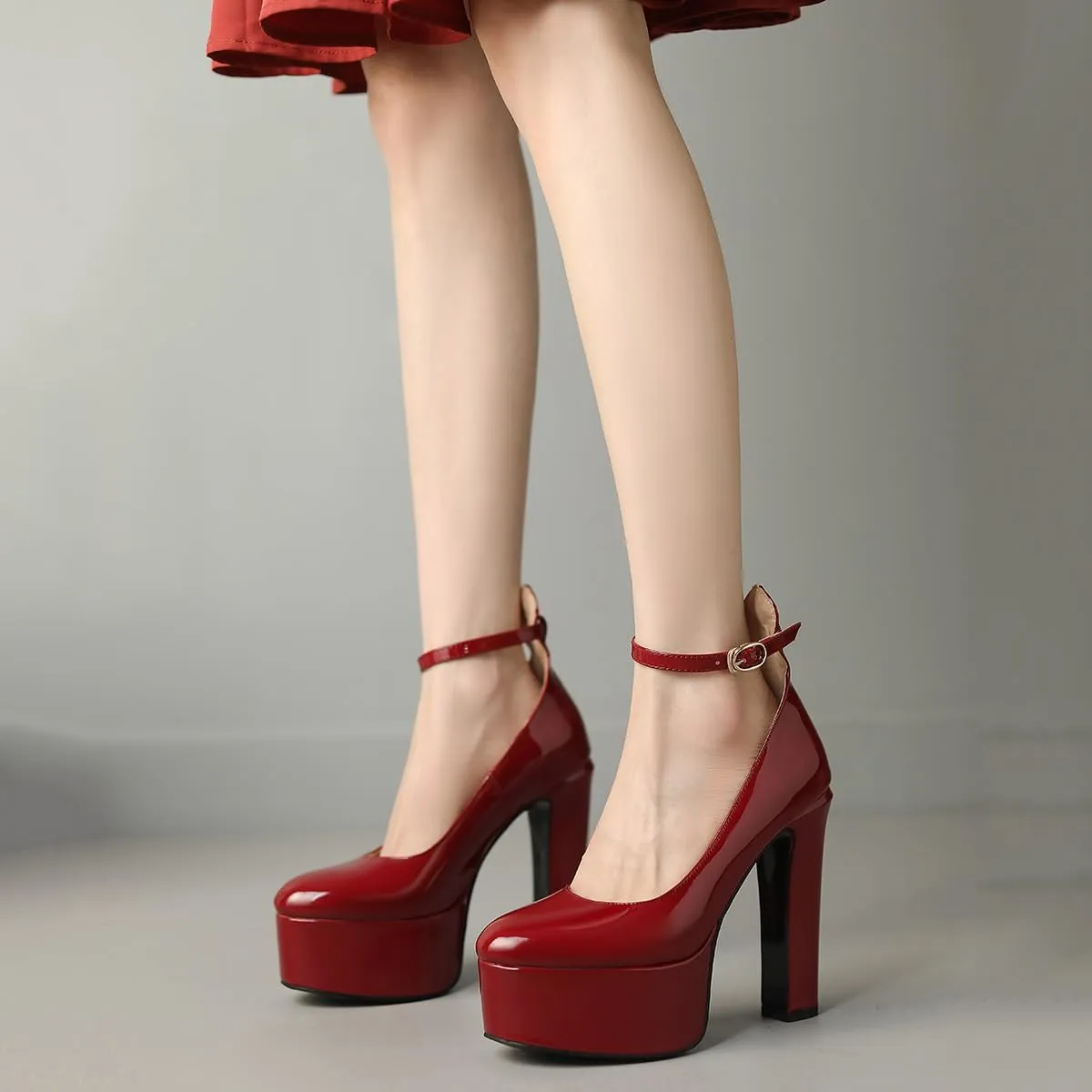 Womens Ankle Strap Thick Heel Platform Pumps Round Toe Block Heels Prom Pumps Buckles Flatform Dress Shoes
