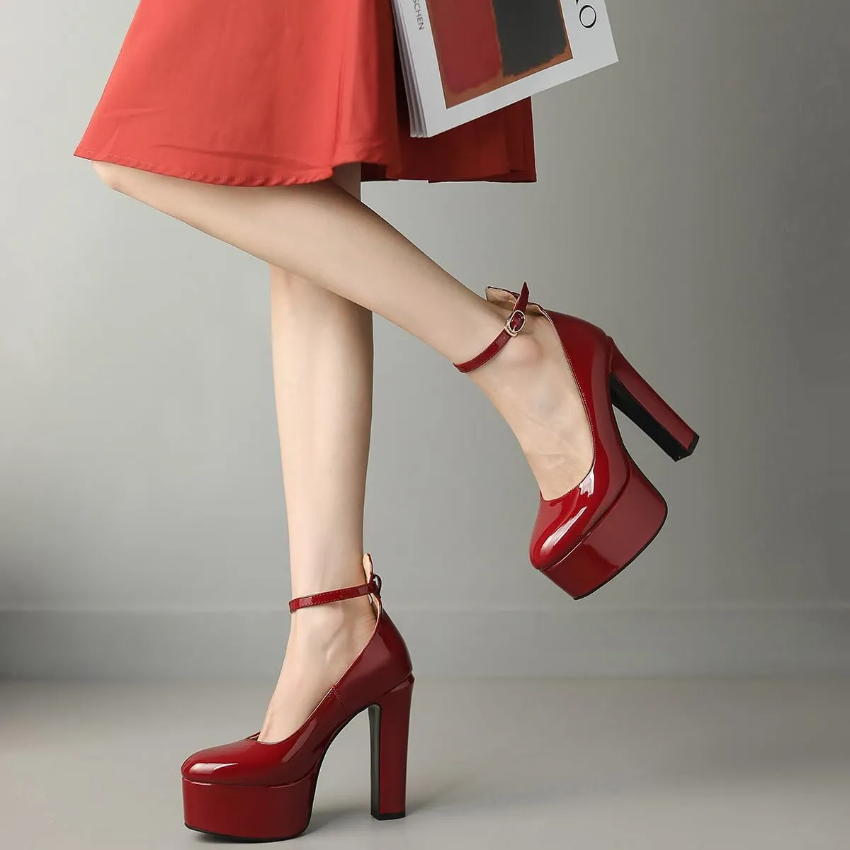 Womens Ankle Strap Thick Heel Platform Pumps Round Toe Block Heels Prom Pumps Buckles Flatform Dress Shoes