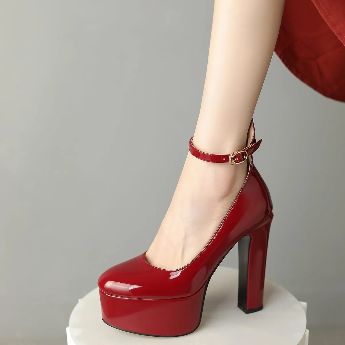 Womens Ankle Strap Thick Heel Platform Pumps Round Toe Block Heels Prom Pumps Buckles Flatform Dress Shoes