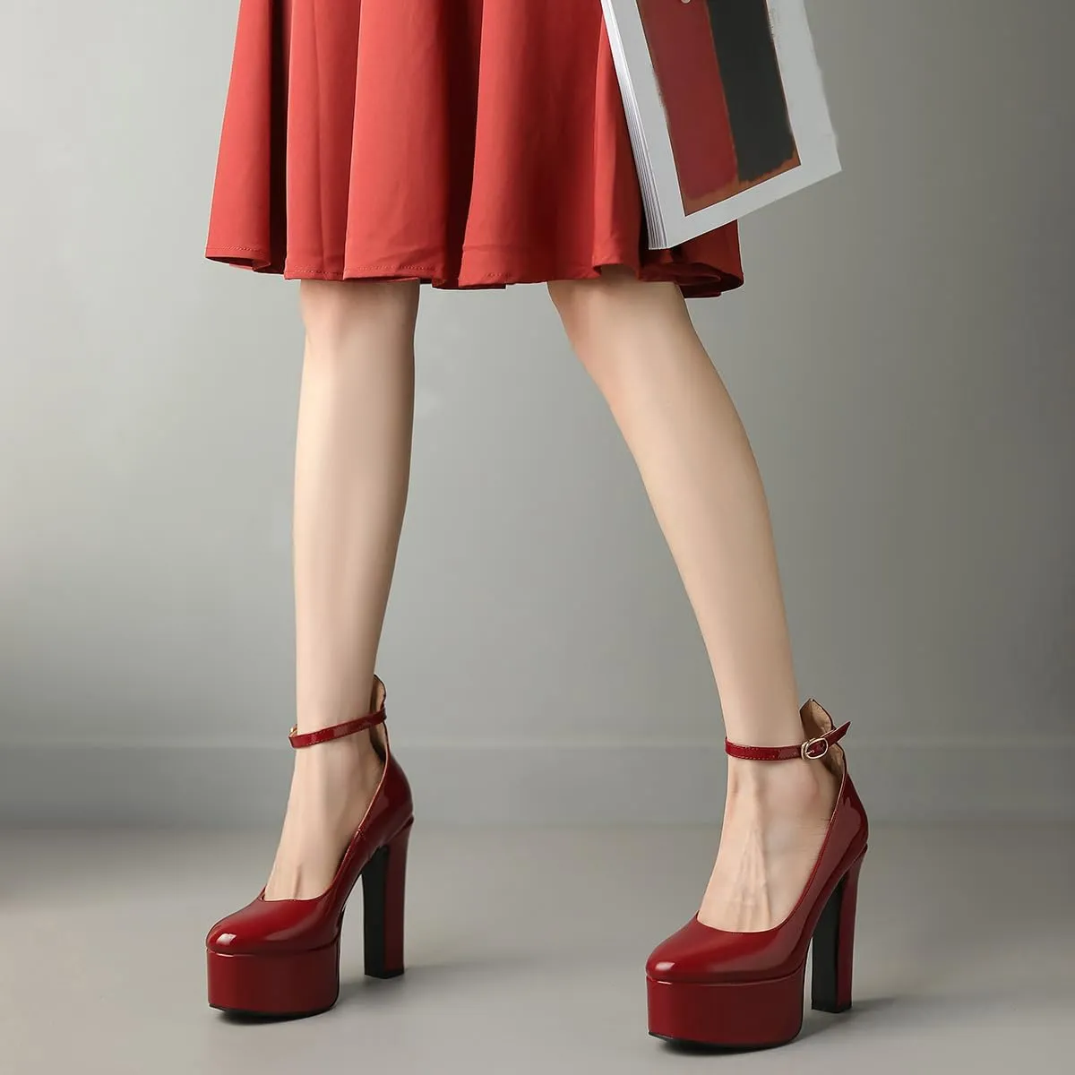 Womens Ankle Strap Thick Heel Platform Pumps Round Toe Block Heels Prom Pumps Buckles Flatform Dress Shoes