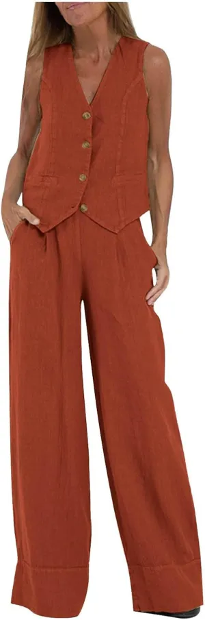 Womens Blazer Set Sleeveless V Neck Vest Tops Waistcoat and Cotton Linen Pants 2 Piece Vest Suit Casual Matching Set