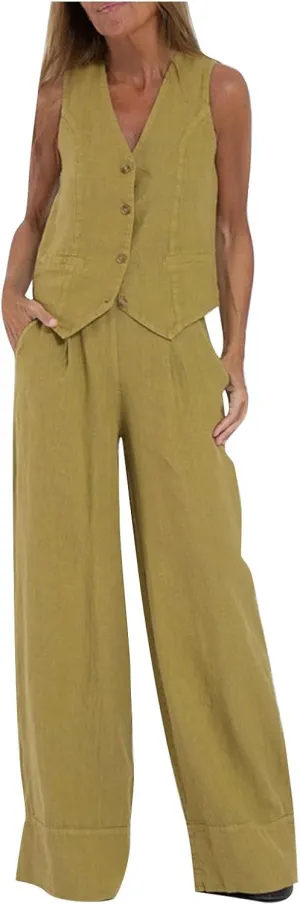 Womens Blazer Set Sleeveless V Neck Vest Tops Waistcoat and Cotton Linen Pants 2 Piece Vest Suit Casual Matching Set