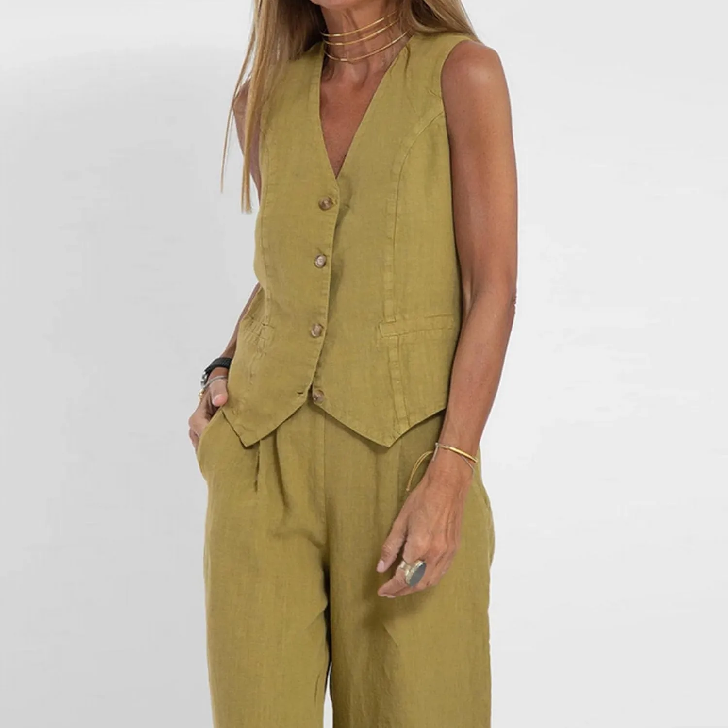 Womens Blazer Set Sleeveless V Neck Vest Tops Waistcoat and Cotton Linen Pants 2 Piece Vest Suit Casual Matching Set