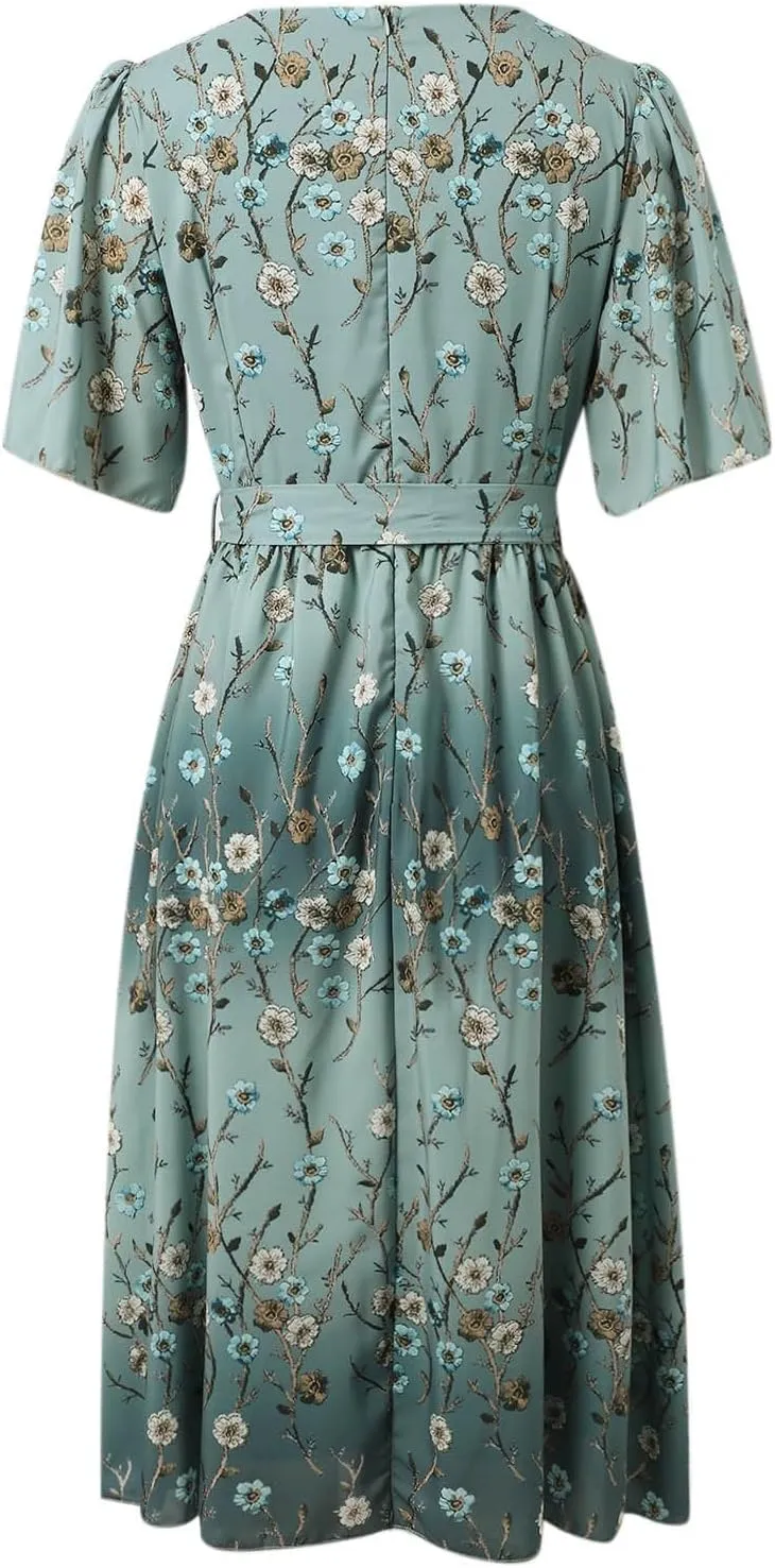 Womens Boho Floral Printed Chiffon Dresses 2025 Elegant V Neck Short Sleeve Belted Summer Wedding Prom Midi Dress