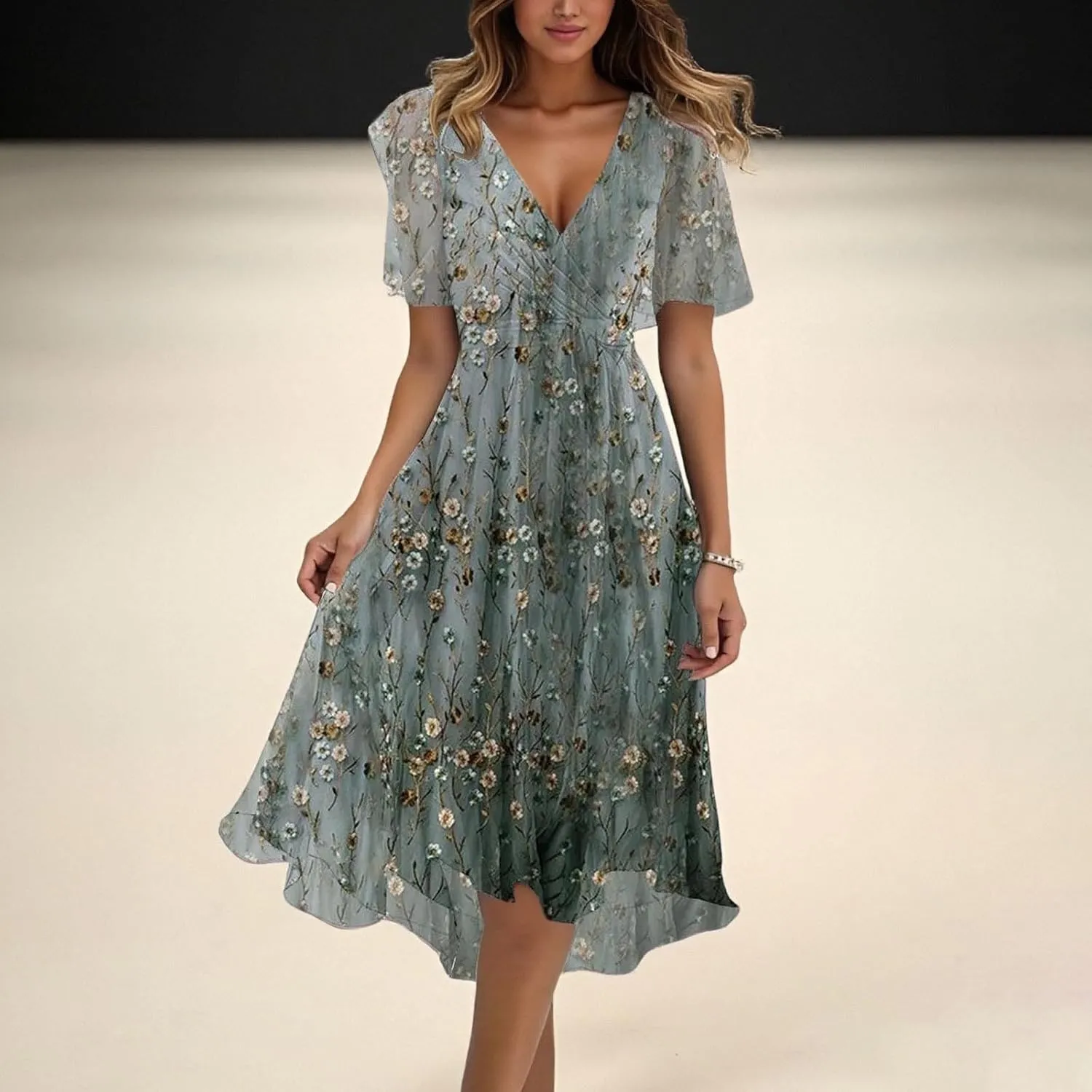 Womens Boho Floral Printed Chiffon Dresses 2025 Elegant V Neck Short Sleeve Belted Summer Wedding Prom Midi Dress