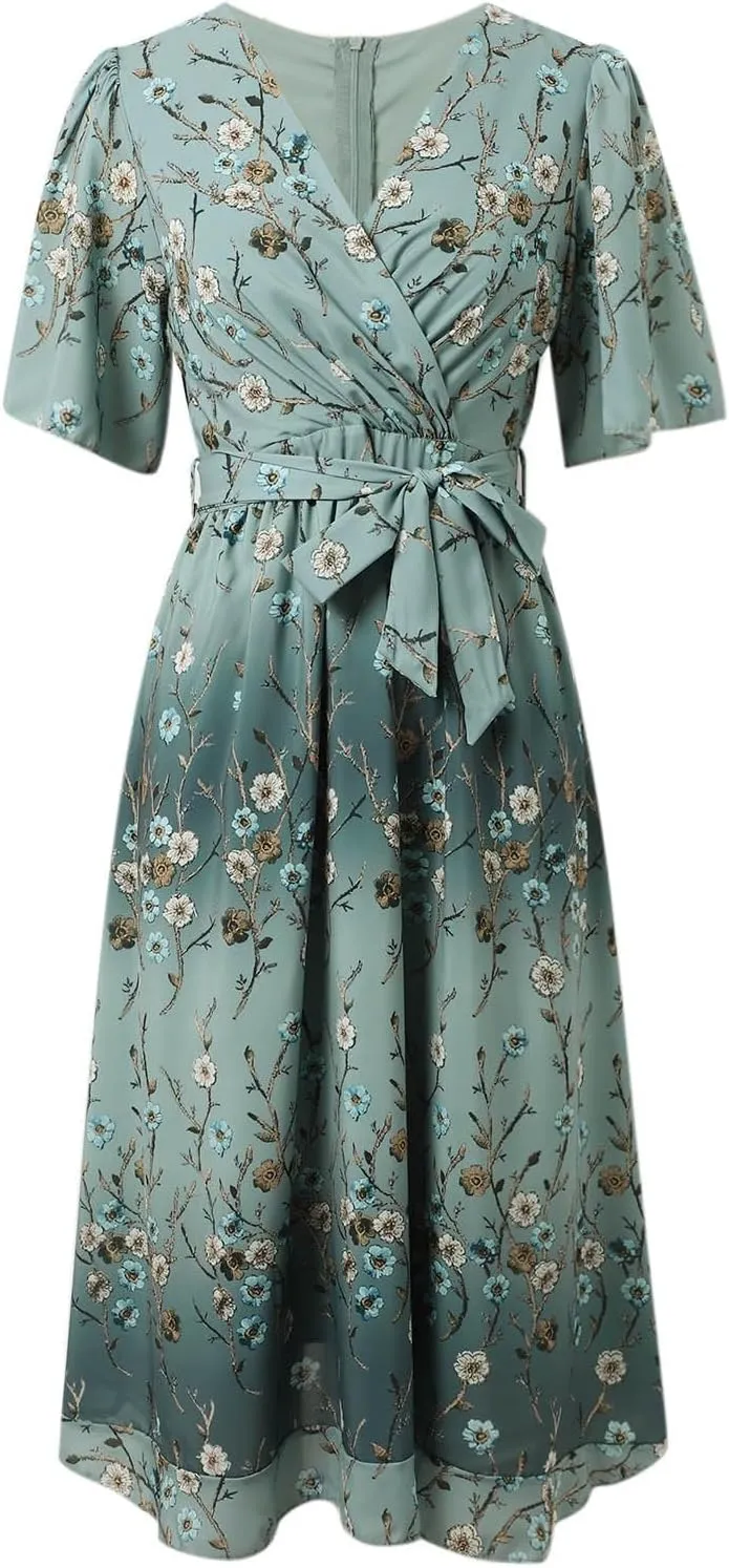 Womens Boho Floral Printed Chiffon Dresses 2025 Elegant V Neck Short Sleeve Belted Summer Wedding Prom Midi Dress
